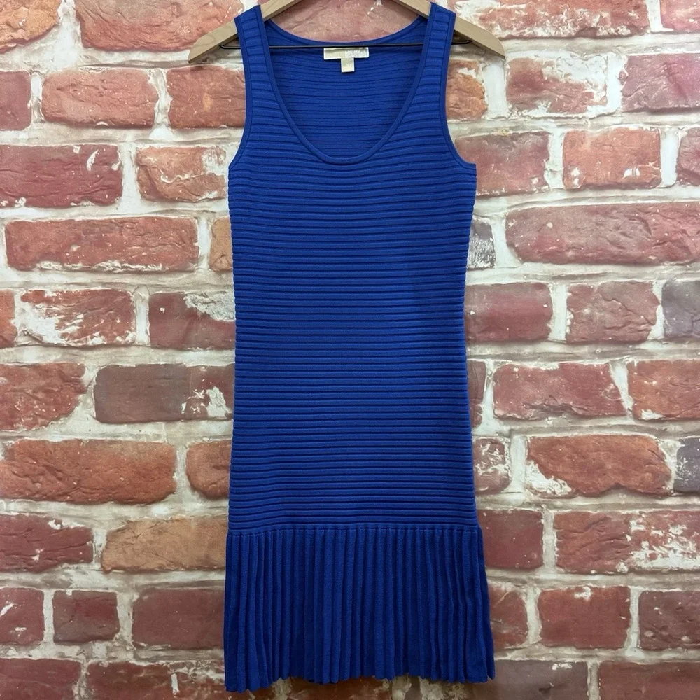 Michael Kors Sweater Dress Women's M Blue Ribbed Pleated Stretchy Casual Career